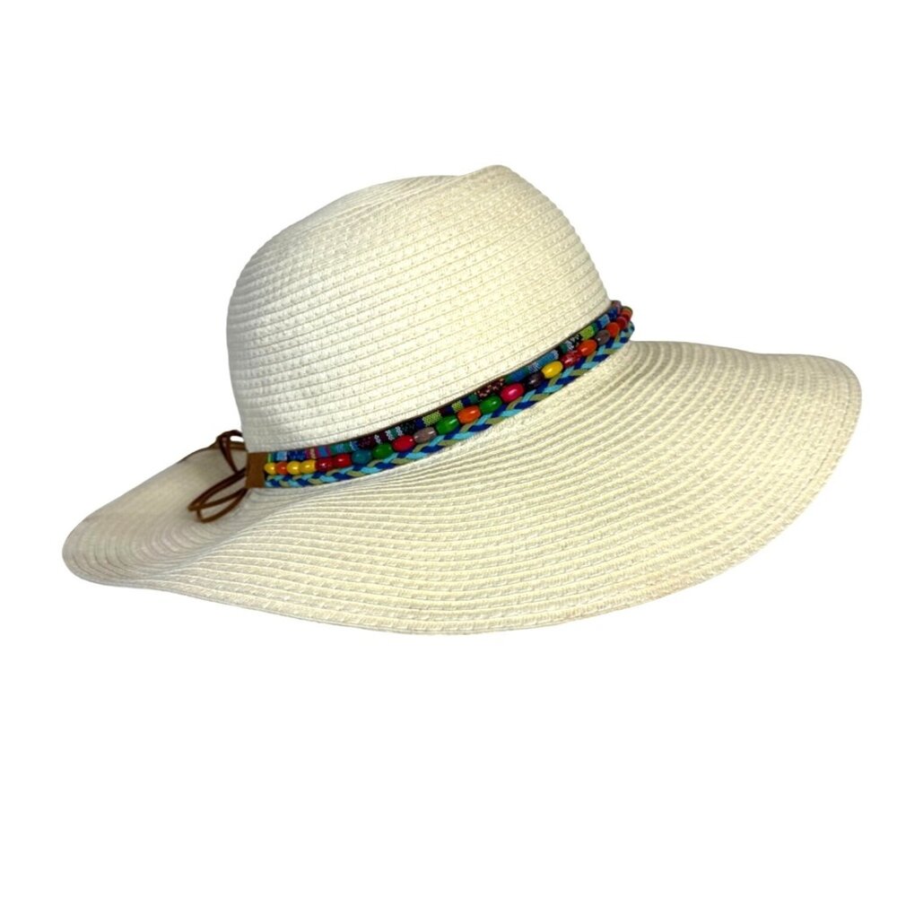 Jacobson Hats Ivory Wide Brim Straw Sun Hat Colorful Beaded Band Cruise Vacation